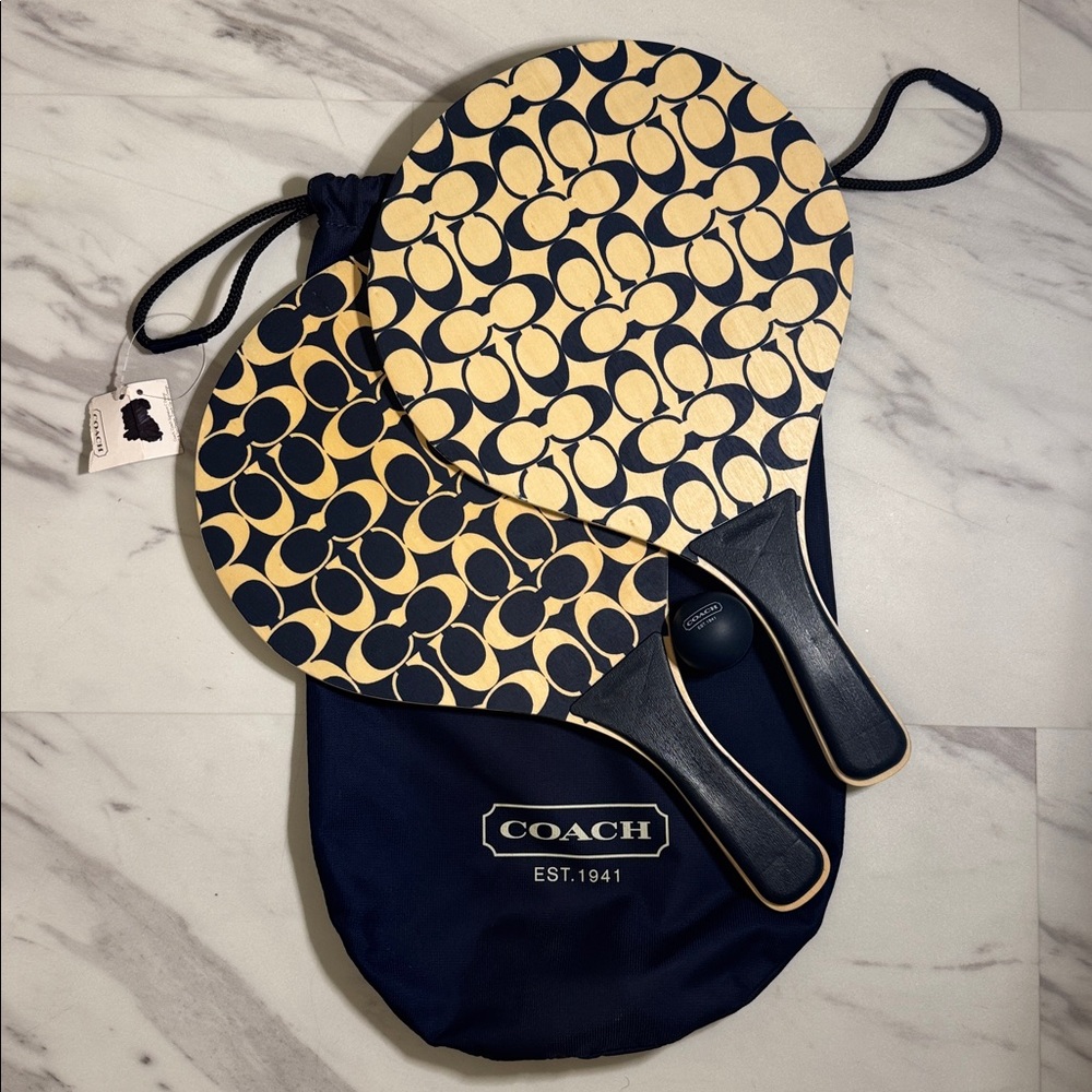 Authentic Coach *RARE NWT Wooden Paddle Ball Set in Navy and Cream.